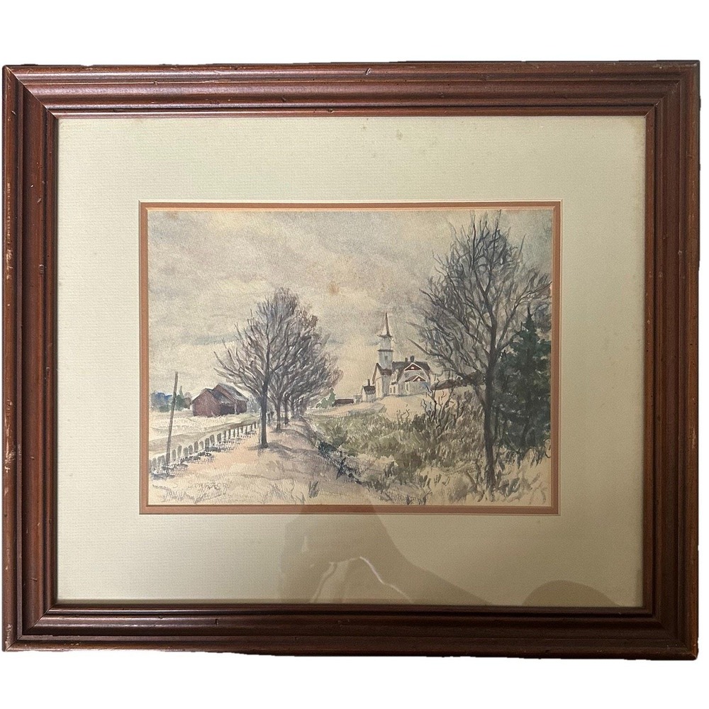 Signed Original Watercolor Painting Winter Landscape Village Church Barns Framed